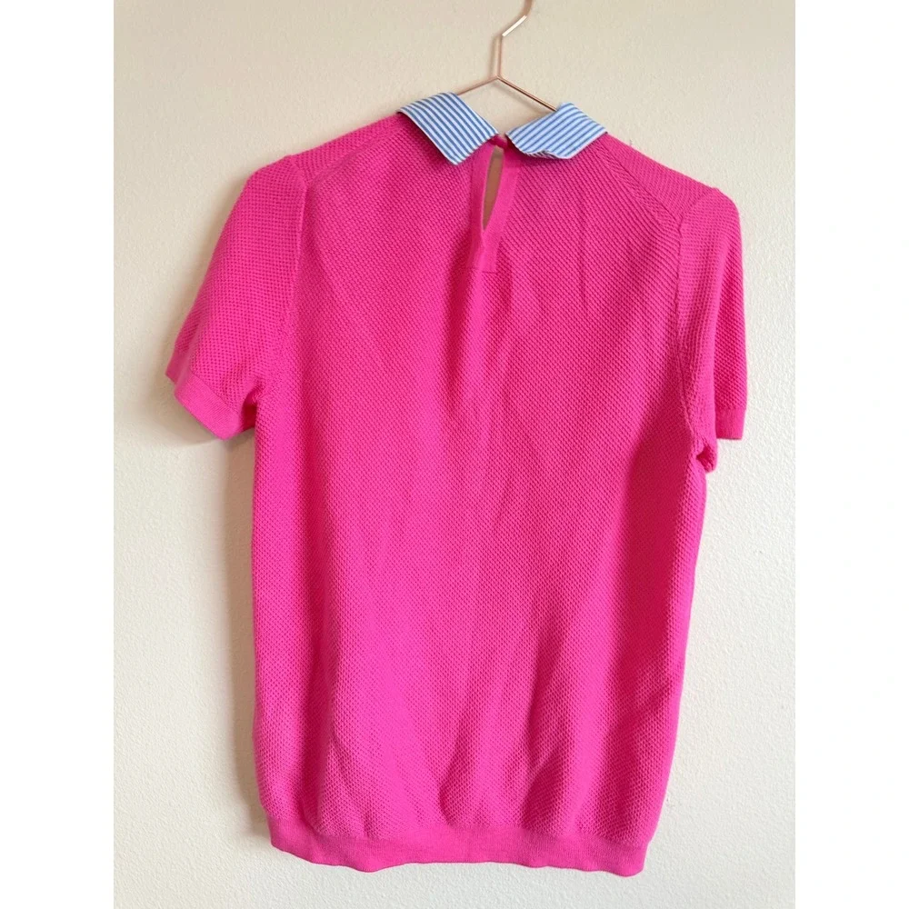 J.Crew Sweater Top Women Small Pink Striped Collar AW366 Short Sleeve Preppy